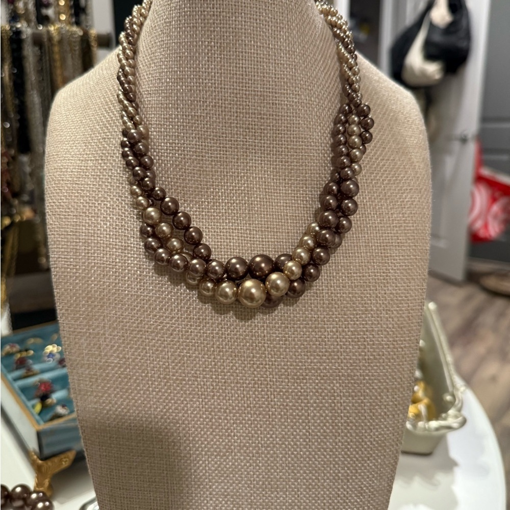 RMN Vintage Brown Triple Strand Faux Pearl Necklace